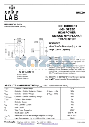 BUX39 datasheet - HIGH CURRENT HIGH SPEED HIGH POWER SILICON NPN PLANAR TRANSISTOR