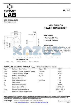 BUX47 datasheet - NPN SILICON POWER TRANSISTOR