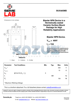 BUX48SMD datasheet - Bipolar NPN Device in a Hermetically sealed