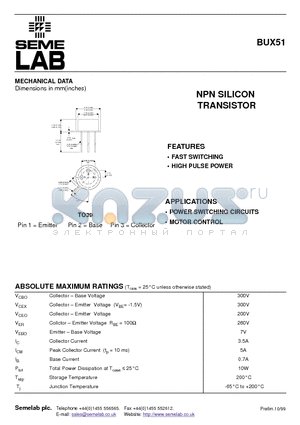 BUX51 datasheet - NPN SILICON TRANSISTOR