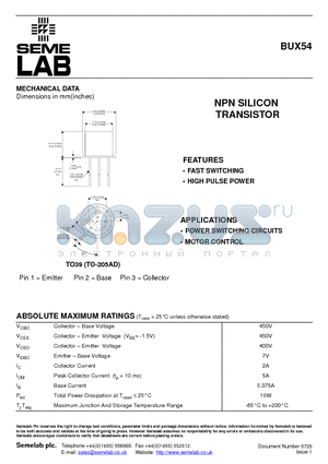 BUX54 datasheet - NPN SILICON TRANSISTOR