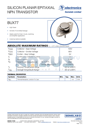 BUX77 datasheet - SILICON PLANAR EPITAXIAL NPN TRANSISTOR