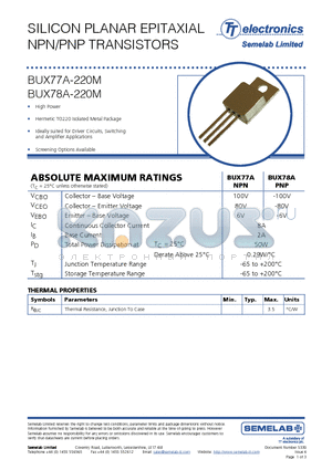 BUX77A-220M datasheet - SILICON PLANAR EPITAXIAL NPN/PNP TRANSISTORS