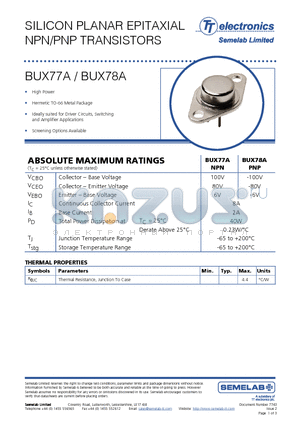 BUX77A_09 datasheet - SILICON PLANAR EPITAXIAL NPN/PNP TRANSISTORS