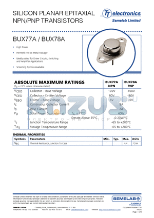 BUX78A datasheet - SILICON PLANAR EPITAXIAL NPN/PNP TRANSISTORS