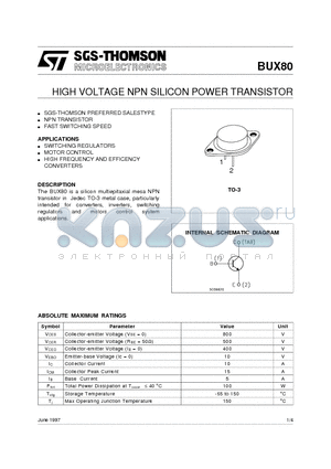 BUX80 datasheet - HIGH VOLTAGE NPN SILICON POWER TRANSISTOR