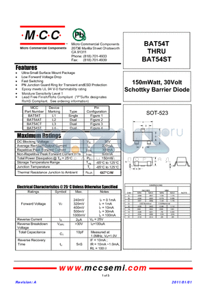 BAT54T datasheet - 150mWatt, 30Volt Schottky Barrier Diode