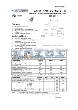 BAT54T datasheet - 200m Watts Surface Mount Schottky Barrier Diode