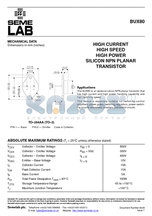 BUX80 datasheet - HIGH CURRENT HIGH SPEED