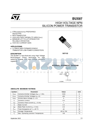 BUX87 datasheet - HIGH VOLTAGE NPN SILICON POWER TRANSISTOR