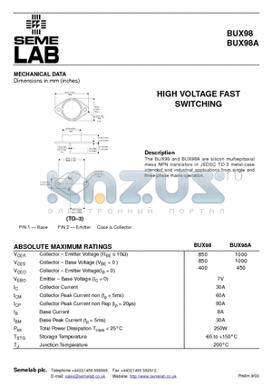 BUX98 datasheet - HIGH VOLTAGE FAST SWITCHING