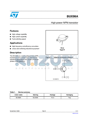 BUX98A datasheet - High power NPN transistor