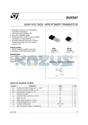 BUXD87DPAK datasheet - HIGH VOLTAGE NPN POWER TRANSISTOR