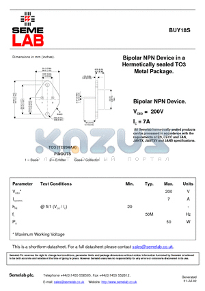 BUY18S datasheet - Bipolar NPN Device in a Hermetically sealed TO3 Metal Package