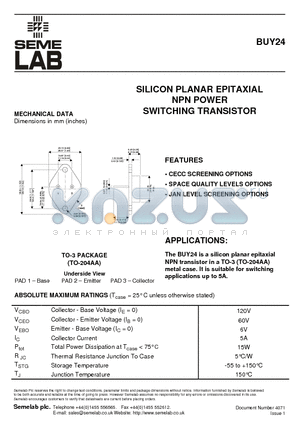 BUY24 datasheet - SILICON PLANAR EPITAXIAL NPN POWER SWITCHING TRANSISTOR