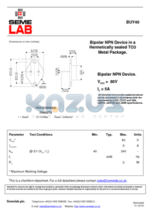 BUY40 datasheet - Bipolar NPN Device in a Hermetically sealed TO3