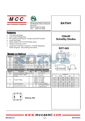 BAT54V datasheet - 150mW Schottky Diodes