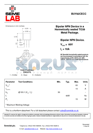 BUY82CECC datasheet - Bipolar NPN Device in a Hermetically sealed TO39