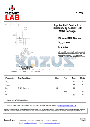 BUY92 datasheet - Bipolar PNP Device in a Hermetically sealed TO39 Metal Package