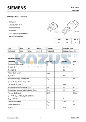 BUZ100S datasheet - SIPMOS Power Transistor (N channel Enhancement mode Avalanche-rated dv/dt rated)