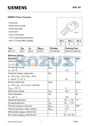 BUZ101 datasheet - SIPMOS Power Transistor (N channel Enhancement mode Avalanche-rated d v/d t rated Low on-resistance)