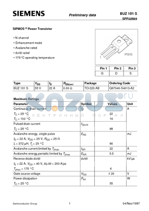 BUZ101S datasheet - SIPMOS Power Transistor (N channel Enhancement mode Avalanche-rated d v/d t rated)