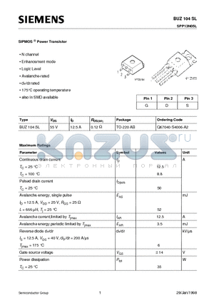 BUZ104SL datasheet - SIPMOS Power Transistor (N channel Enhancement mode Logic Level Avalanche-rated dv/dt rated 175`C operating temperature)
