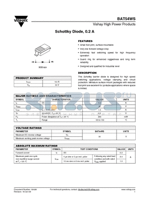 BAT54WS datasheet - Schottky Diode, 0.2 A