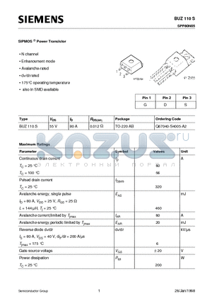 BUZ110S datasheet - SIPMOS Power Transistor (N channel Enhancement mode Avalanche-rated dv/dt rated)