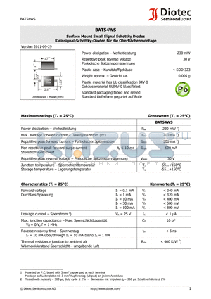 BAT54WS datasheet - Surface Mount Small Signal Schottky Diodes