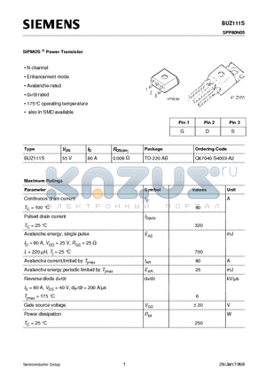 BUZ111 datasheet - SIPMOS Power Transistor (N channel Enhancement mode Avalanche-rated dv/dt rated)