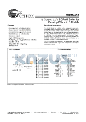 CY2313ANZSC-1 datasheet - 13 Output, 3.3V SDRAM Buffer for Desktop PCs with 3 DIMMs