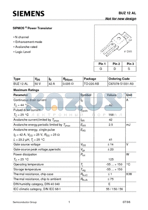 BUZ12AL datasheet - SIPMOS Power Transistor (N channel Enhancement mode Avalanche-rated Logic Level)
