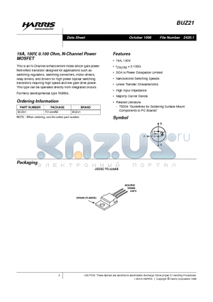 BUZ21 datasheet - 19A, 100V, 0.100 Ohm, N-Channel Power MOSFET