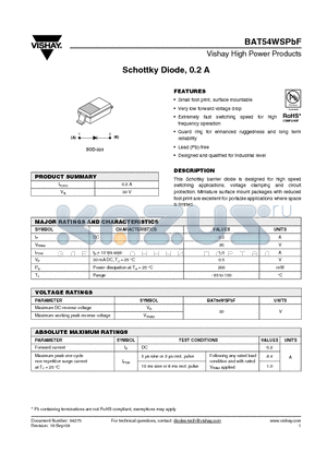 BAT54WSPBF datasheet - Schottky Diode, 0.2 A