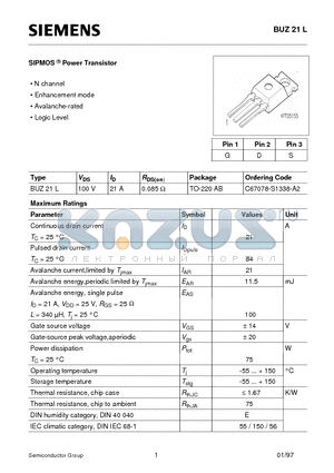 BUZ21L datasheet - SIPMOS Power Transistor (N channel Enhancement mode Avalanche-rated Logic Level)