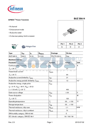 BUZ30AH datasheet - SIPMOS Power Transistor