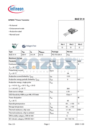 BUZ31H datasheet - SIPMOS Power Transistor