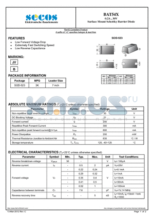 BAT54X datasheet - 0.2A , 30V Surface Mount Schottky Barrier Diode