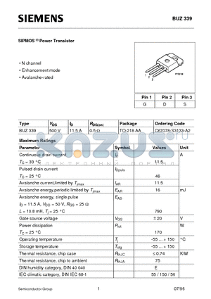 BUZ339 datasheet - SIPMOS Power Transistor (N channel Enhancement mode Avalanche-rated)