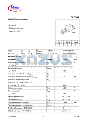 BUZ345 datasheet - SIPMOS Power Transistor