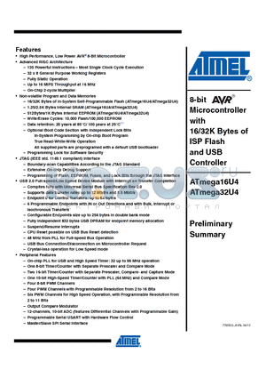 ATMEGA32U4RC-AU datasheet - 8-bit Microcontroller with 16/32K Bytes of ISP Flash and USB Controller