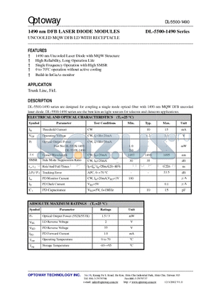 DL-5528-1490-SS datasheet - 1490 nm DFB LASER DIODE MODULES UNCOOLED MQW DFB LD WITH RECEPTACLE