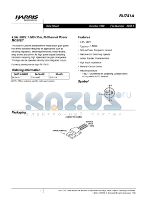 BUZ41A datasheet - 4.5A, 500V, 1.500 Ohm, N-Channel Power MOSFET