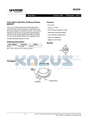 BUZ45 datasheet - 9.6A, 500V, 0.600 Ohm, N-Channel Power MOSFET