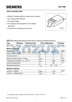 BAT60 datasheet - Silicon Schottky Diode (Rectifier Schottky diode for mobile communication Low voltage high inductane For power supply