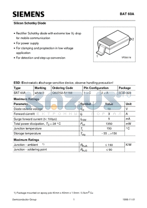 BAT60A datasheet - Silicon Schottky Diode (Rectifier Schottky diode with extreme low VF drop for mobile communication For power supply