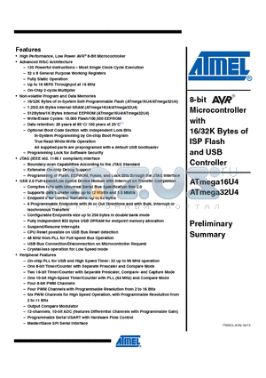 ATMEGA32U4-AU datasheet - 8-bit Microcontroller with 16/32K Bytes of ISP Flash and USB Controller