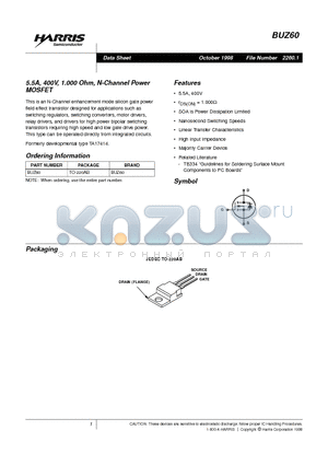 BUZ60 datasheet - 5.5A, 400V, 1.000 Ohm, N-Channel Power MOSFET