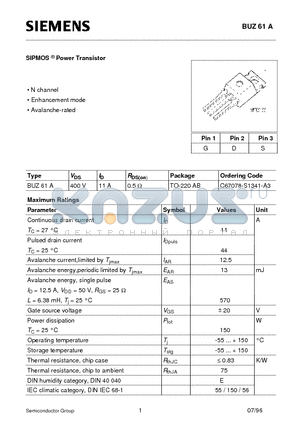 BUZ61A datasheet - SIPMOS Power Transistor (N channel Enhancement mode Avalanche-rated)